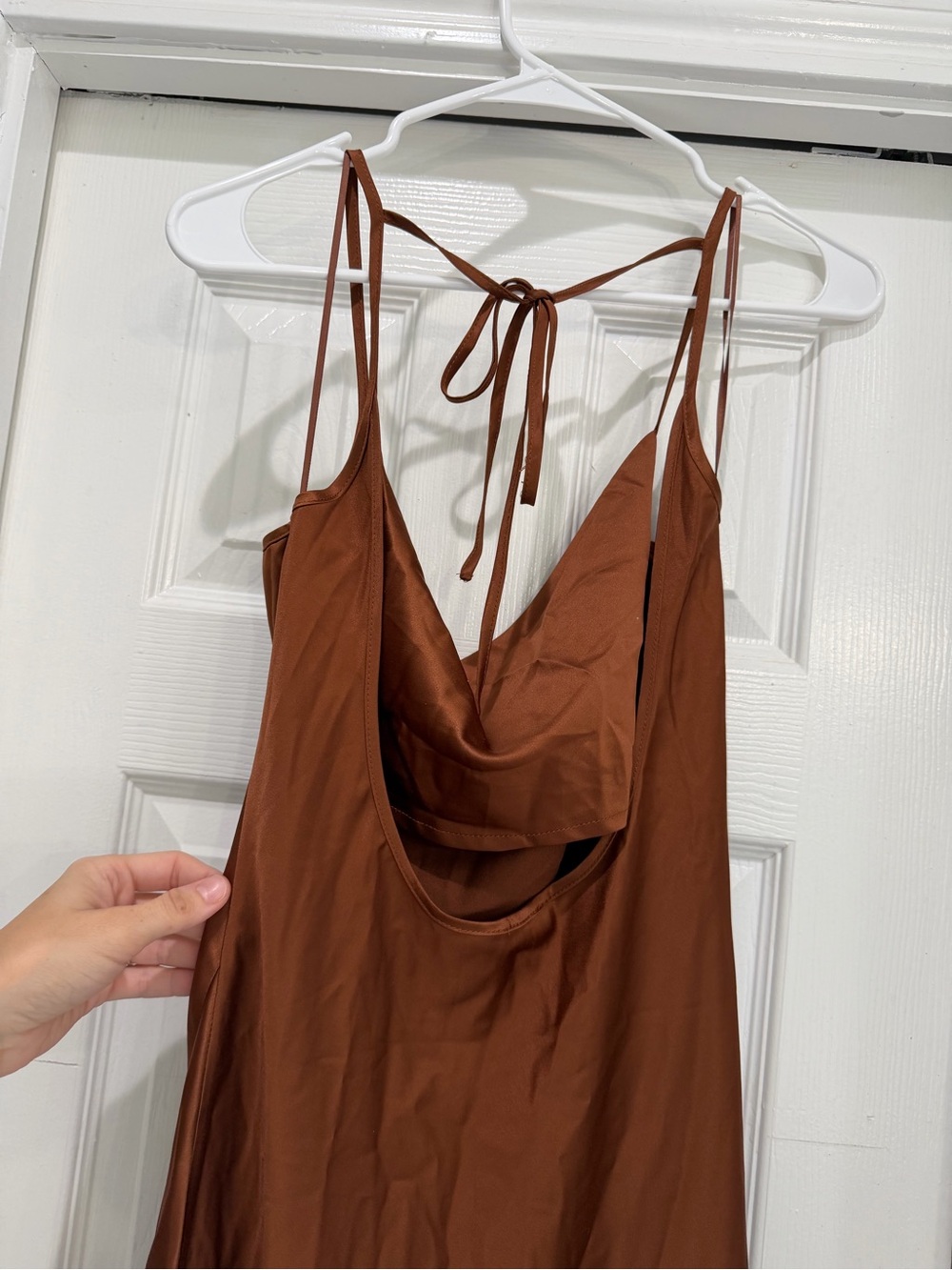 Backless Brown Slip Dress with Tie Straps - Picture 2 of 4